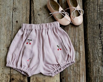 Baby Pink Exclusive Bloomers, Linen Bloomers, Cherry Embroidery, Linen Shorts, Kids Bloomers, Linen Kids Clothing