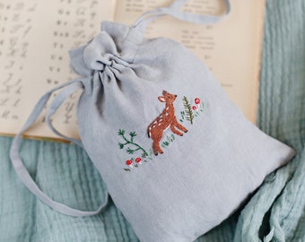 Sac de poche en lin, différentes couleurs, Broderie fauve dans la forêt, Sac à linge, Décor de pépinière, Sac de rangement de jouets, Sac à pain, Cadeau pour femmes