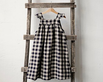Sukienka lniana w kratę z bufiastymi rękawami, w stylu vintage