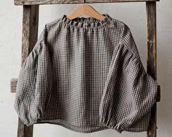 Graues Gingham Fallschirm Leinen Tunika, verschiedene Stickereien, Leinen Shirt für Mädchen, Langarm Leinen Tunika, Mädchen Leinen Top, Baby Shirt