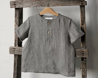 Grey Gingham Short Sleeve Unisex Linen Shirt, Different Embroideries, Linen Shirt, Linen Shirt Boys, Linen Shirt Girls, Kids Shirt