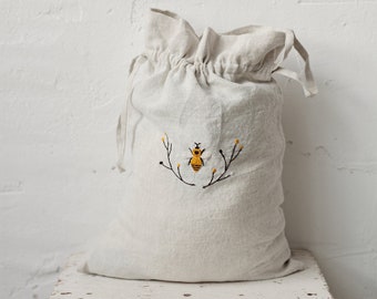 Sac de poche en lin, différentes couleurs, Broderie d’abeilles et de branches, Sac à linge, Décor de pépinière, Sac de rangement de jouets, Sac à pain, Cadeau pour femmes