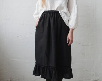 Victoriaanse zwarte linnen rok: lange rok met ruches, elastische taille