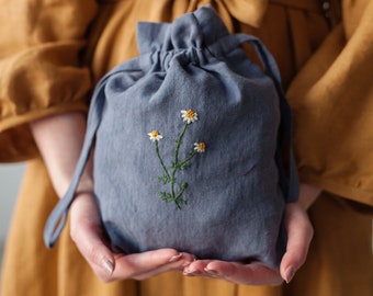 Sac de poche en lin, Différentes couleurs, Broderie à la camomille, Sac à linge, Décor de chambre d’enfant, Sac de rangement de jouets, Sac à pain, Cadeau pour femmes