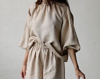 Sand Linen Blouse: Ruffle Neckline, Long Sleeve Tunic