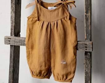 Mustard Linen Romper, Different Embroideries, Baby Linen Jumpsuit, Linen Baby Overall, Linen Kids Clothing, Linen Romper for Kids