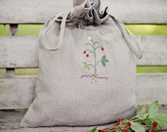 Sac de poche en lin, Différentes couleurs, Broderie de fraises des bois, Sac à linge, Décor de pépinière, Sac de rangement de jouets, Sac à pain, Cadeau pour femmes