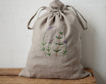 Linen Pouch Bag, Different Colours, Rosemary and Lavender Embroidery, Laundry Bag, Nursery Decor, Toy Bag, Bread Bag, Gift for Women