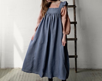 Dusty Blue Prairie Dress, Linen Dress with Flutter Sleeves, Oversized Apron, Linen Dress with Wings, Linen Dress for Women, Victorian Style