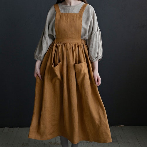 Mustard Cottage Dress Linen Pinafore Dress Elastic Waist - Etsy