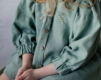 Mint tuniekjurk, linnen tuniekjurk, verschillende borduurwerken, Peter Pan kraag jurk, button down jurk voor meisjes, linnen shirt kinderen