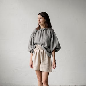 Grey Gingham Tokyo Blouse, Linen Blouse, Linen Shirt, Linen Tunic, Loose Blouse, Linen Shirt for Women, Linen Top, Long Sleeve Blouse