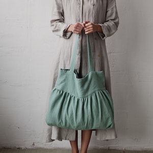 Mint Sunday Bag, Linen Tote Bag, Ruffle Linen Bag, Shoulder Bag, Linen Tote, Linen Shopping Bag, Market Bag, Ruffled Bag