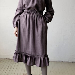Falda victoriana mauva, falda de lino con volantes, falda de estilo victoriano, falda de lino, falda de lino larga, falda de lino para mujeres, falda de cintura elástica imagen 1
