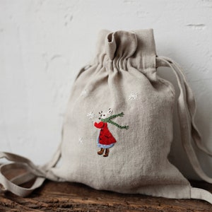 Linen Backpack, Different Colours, Christmas Rabbit Girl Embroidery, Kids Backpack, Backpacks for Kids, Toy Bag, Baby Bag, Gift for Kids