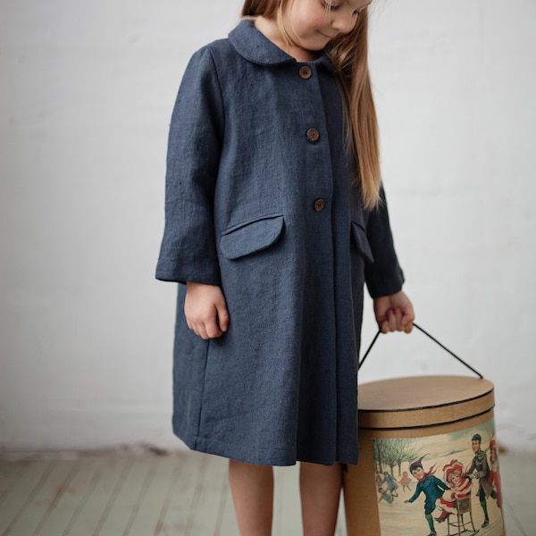 Space Blue Long Coat, Kids Linen Coat, Different Embroideries, Classic Coat for Kids, Linen Coat, Baby Linen Coat, Kids Linen Clothing