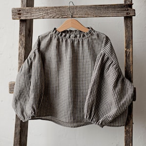 Grey Gingham Parachute Linen Tunic, Different Embroideries, Linen Shirt for Girls, Long Sleeve Linen Tunic, Girl Linen Top, Baby Shirt zdjęcie 1