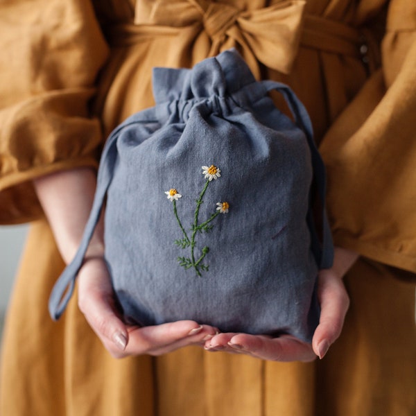 Sac de poche en lin, Différentes couleurs, Broderie à la camomille, Sac à linge, Décor de chambre d’enfant, Sac de rangement de jouets, Sac à pain, Cadeau pour femmes