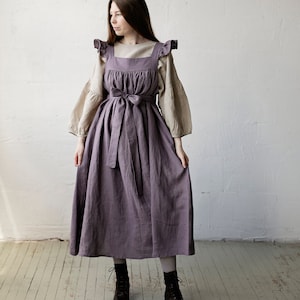 Mauve Prairie Dress, Linen Dress with Flutter Sleeves, Oversized Apron, Linen Dress with Wings, Linen Dress for Women, Victorian Style image 1