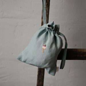 Pastel Blue Linen Pouch Bag, Cake Embroidery, Laundry Bag, Nursery Decor, Toy Storage Bag, Bread Bag, Gift for Women