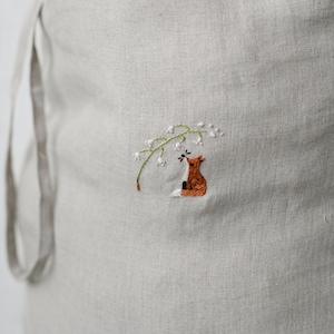 Pochette en lin, différentes couleurs, broderie renard et muguet, sac à linge, sac de rangement de jouets, sac à pain, cadeau pour femme