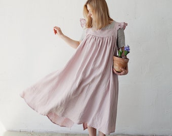 Baby Pink Prairie Dress, Linen Dress with Flutter Sleeves, Oversized Apron, Linen Dress with Wings, Linen Dress for Women, Victorian Style