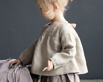 Natural Short Linen Tunic, Different Embroideries, Linen Shirt for Girls, Long Sleeve Linen Tunic, Girl Linen Top, Baby Shirt