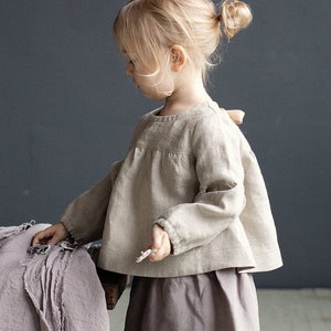 Natural Short Linen Tunic, Different Embroideries, Linen Shirt for Girls, Long Sleeve Linen Tunic, Girl Linen Top, Baby Shirt image 1