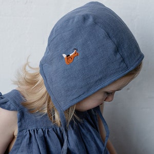 Dusty Blue Classic Bonnet, Kids Linen Bonnet, Different Embroideries, Unisex Linen Bonnet, Linen Hat for Kids, Hand Embroidery image 2