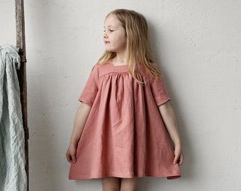 Salmon Short Sleeve Classic Linen Dress, Baby Linen Dress, Baby Dress, Linen Clothes Girls, Dress Girls, Kids Clothing, Linen Girl Dress