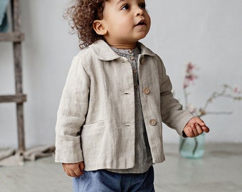 Natural Peter Pan Collar Jacket, Kids Linen Jacket, Different Embroideries, Classic Coat for Kids, Linen Coat, Linen Jacket