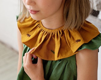 Mustard Ruffle Linen Collar, Linen Collar for Kids, Branch Embroidery, Detachable Collar, Removable Linen Collar, Gift for Kids