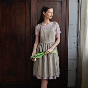 Natural Midi Cross Back Pinafore, Linen Pinafore, Linen Apron, Cooking Apron, Kitchen Linen Apron, Apron for Women, Washed Linen Pinafore
