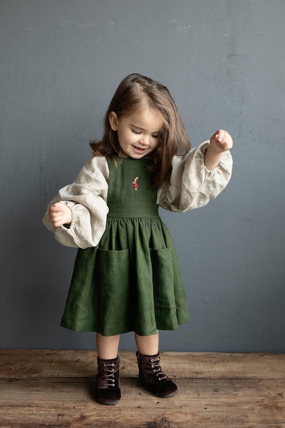 Forest Green Cross Back Pinafore Linen Pinafore Different Embroideries Dress for Girls Girl Linen Dress Apron Girls Girl Pinafore