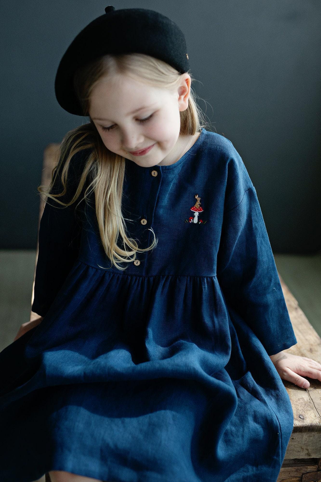 Navy Blue Linen Girl's Dress: Embroidered Anemone Flower