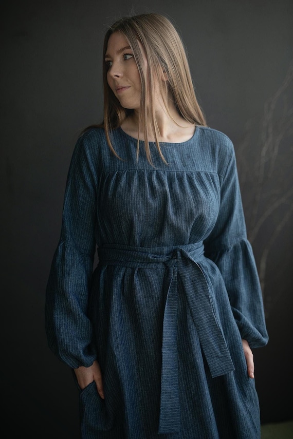 Victorian Linen Dress - Blue Stripe Color, Midi Length with Pockets Victorian Linen Dress - Blue Stripe Color, Midi Length with Pockets
