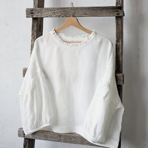 White Linen Tunic: Romantic Ruffle Neckline, Oversized Kimono Blouse image 1