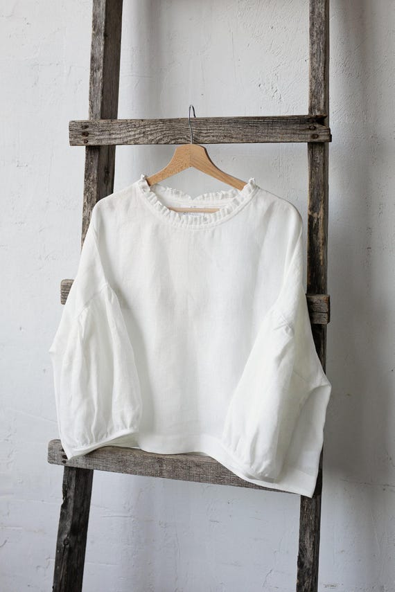 White Linen Tunic: Romantic Ruffle Neckline, Oversized Kimono Blouse