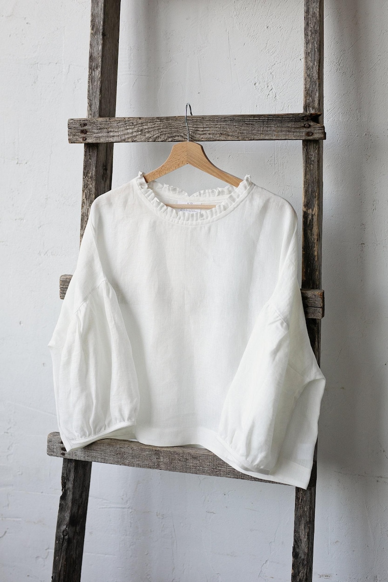 White Linen Tunic: Romantic Ruffle Neckline, Oversized Kimono Blouse image 1