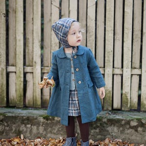 Cappotto lungo blu marino, cappotto in lino per bambini, diversi ricami, cappotto classico per bambini, cappotto in lino, cappotto in lino per neonati, abbigliamento in lino per bambini