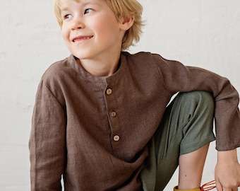 Cacao Linen Shirt: Long Sleeve Unisex Kids Shirt with Coconut Buttons