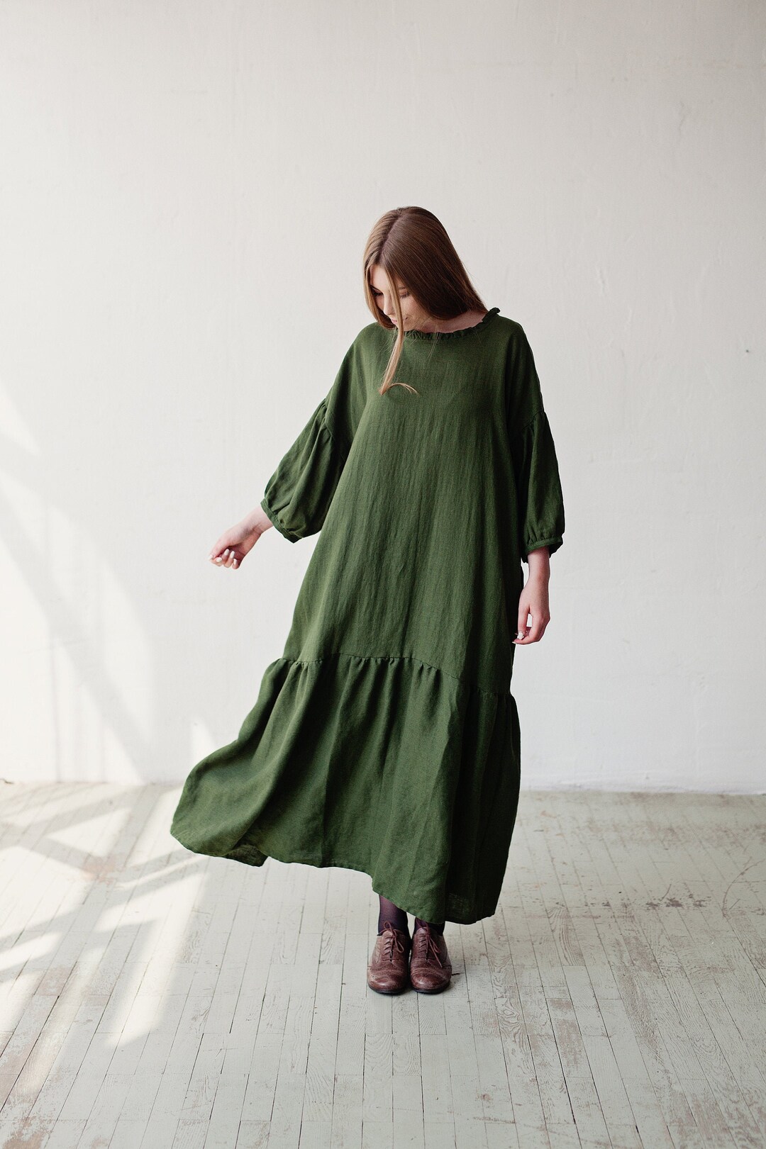 Forest Green Ruffle Kimono Dress, Oversized Linen Dress, Linen Dress ...