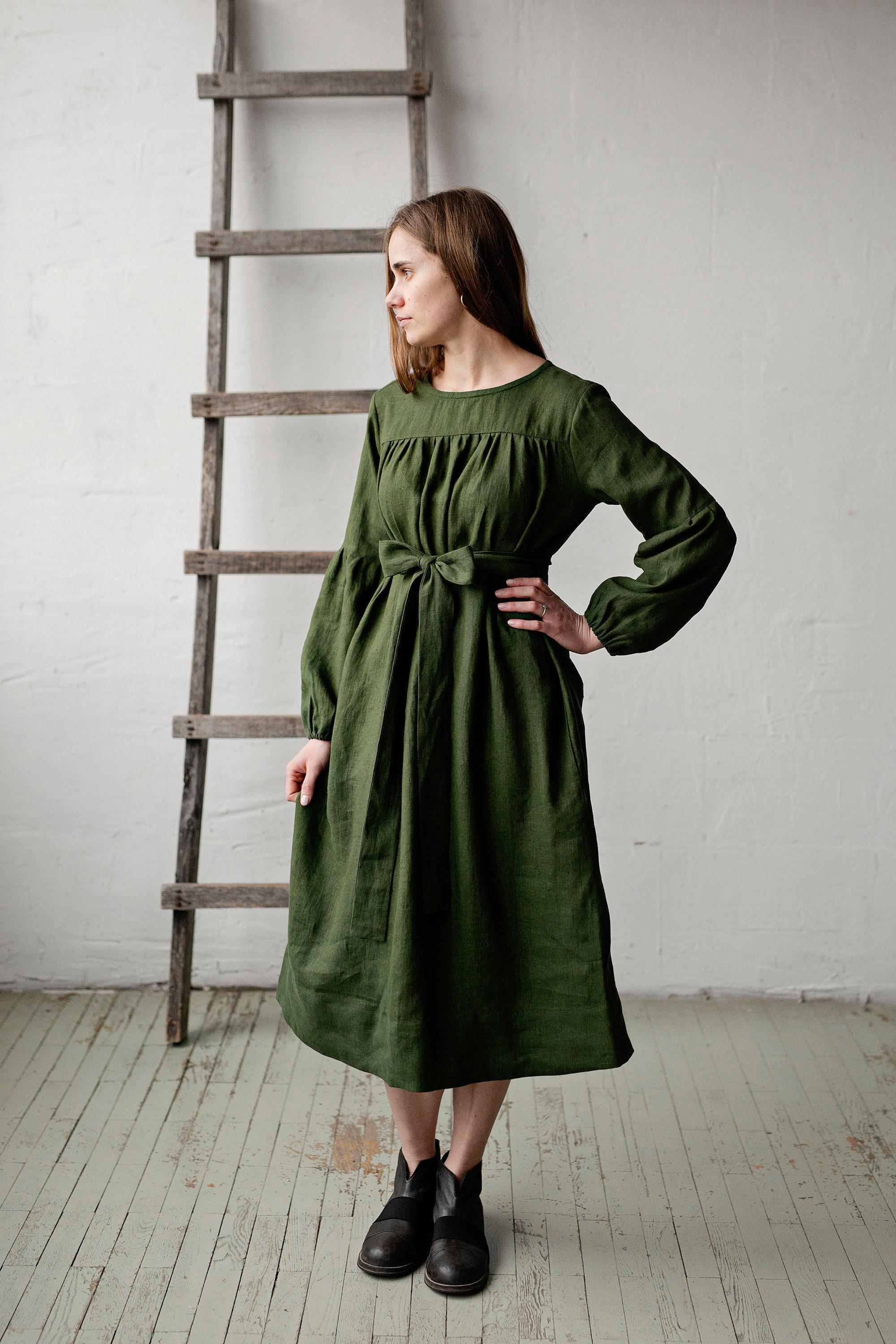 Victorian Linen Dress - Forest Green Color, Midi Length With