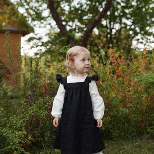 Black Linen Pinafore Dress: Ruffled Sleeves, Girls Apron image 1