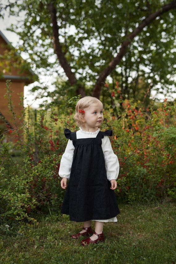Black Linen Pinafore Dress: Ruffled Sleeves, Girls Apron