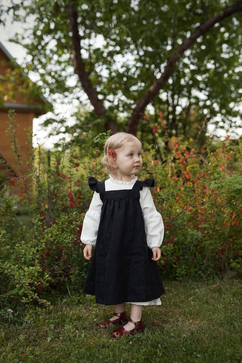 Black Linen Pinafore Dress: Ruffled Sleeves, Girls Apron image 1