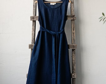 Navy Blue Sleeveless Dress, Linen Dress, A Line Linen Dress, A Line Dress, Linen Dress for Women, Linen Midi Dress, Flattering Dress