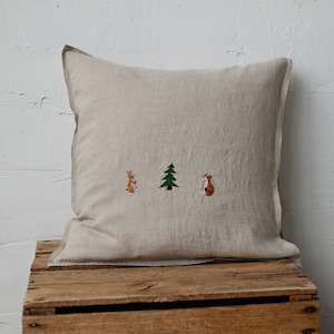 Christmas Pillowcase, Linen Pillowcase, Rabbit & Fox Embroidery, Christmas Tree Embroidery, Christmas Decor, Christmas Gift