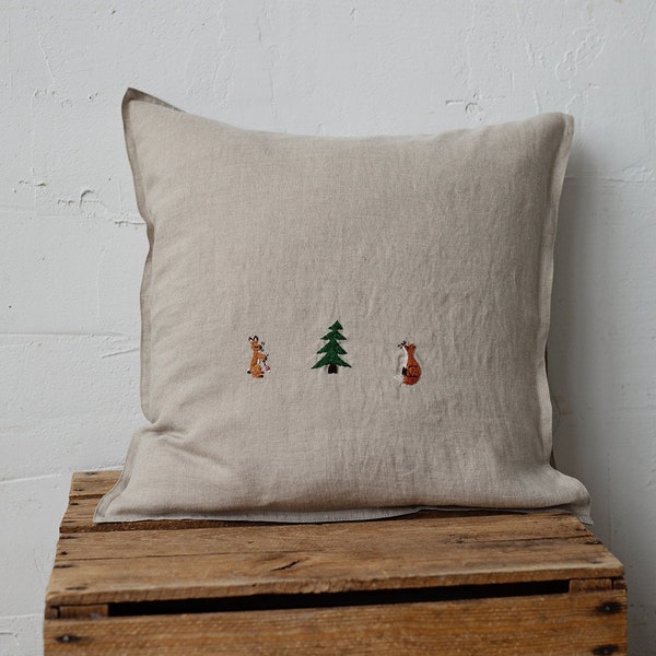 Christmas Pillowcase, Linen Pillowcase, Rabbit & Fox Embroidery, Christmas Tree Embroidery, Christmas Decor, Christmas Gift