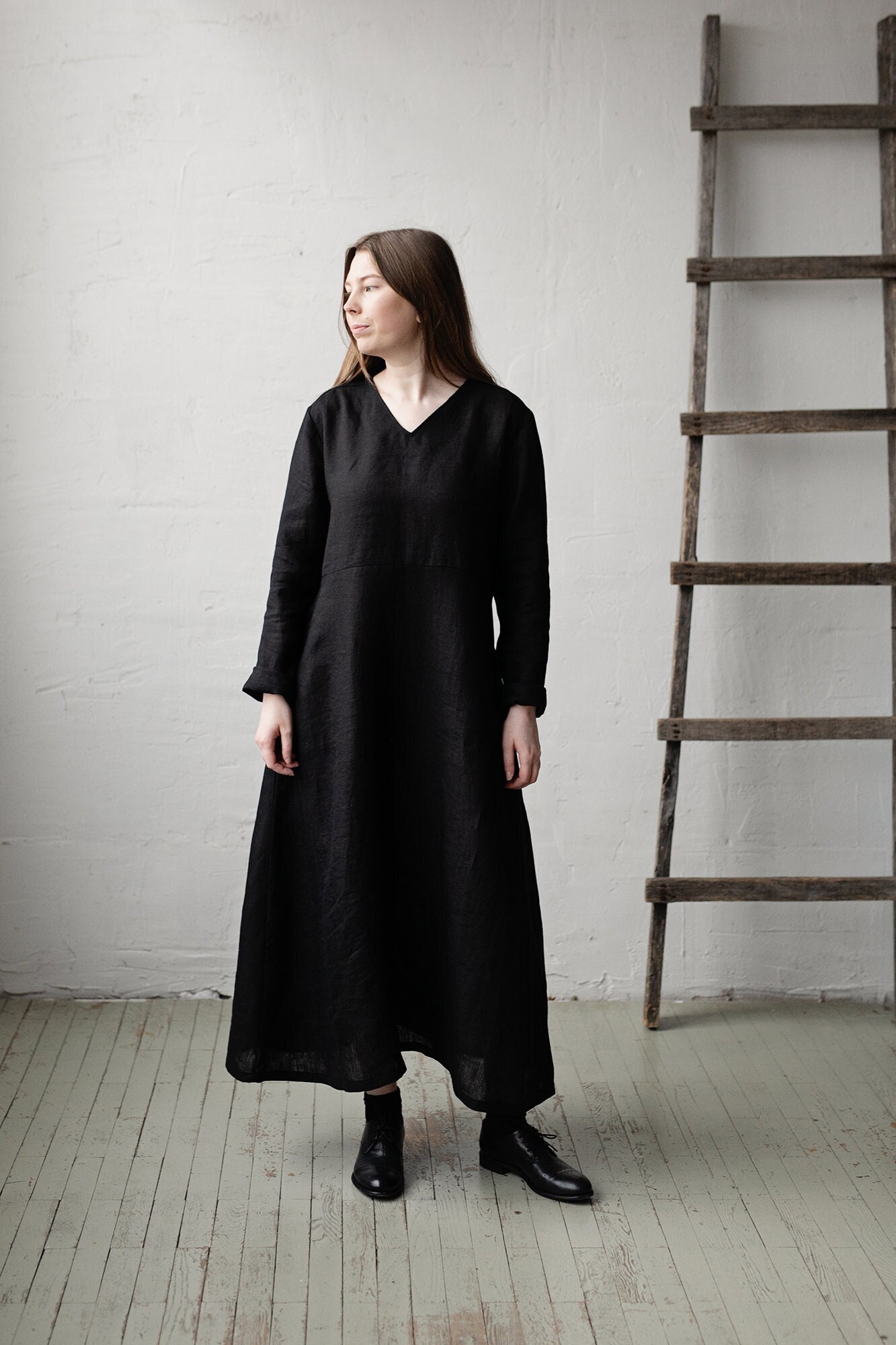 Black Linen Maxi Dress: Oversized V-neck, Soft Washed Linen - Etsy